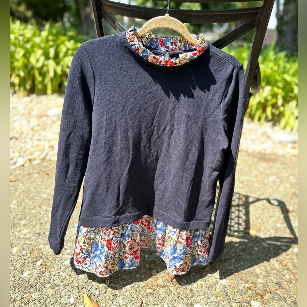 LOFT Mixed media floral-hemmed ruffle-neck long sleeve shirt Small